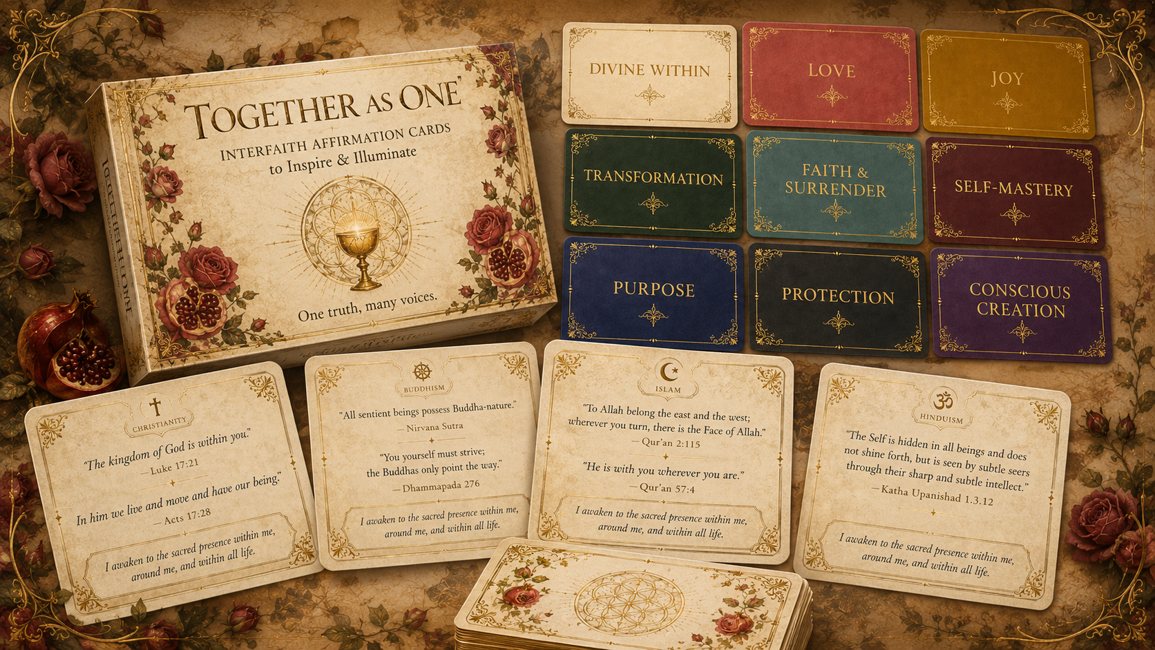 Together As One: interfaith affirmation cards spread across a table
