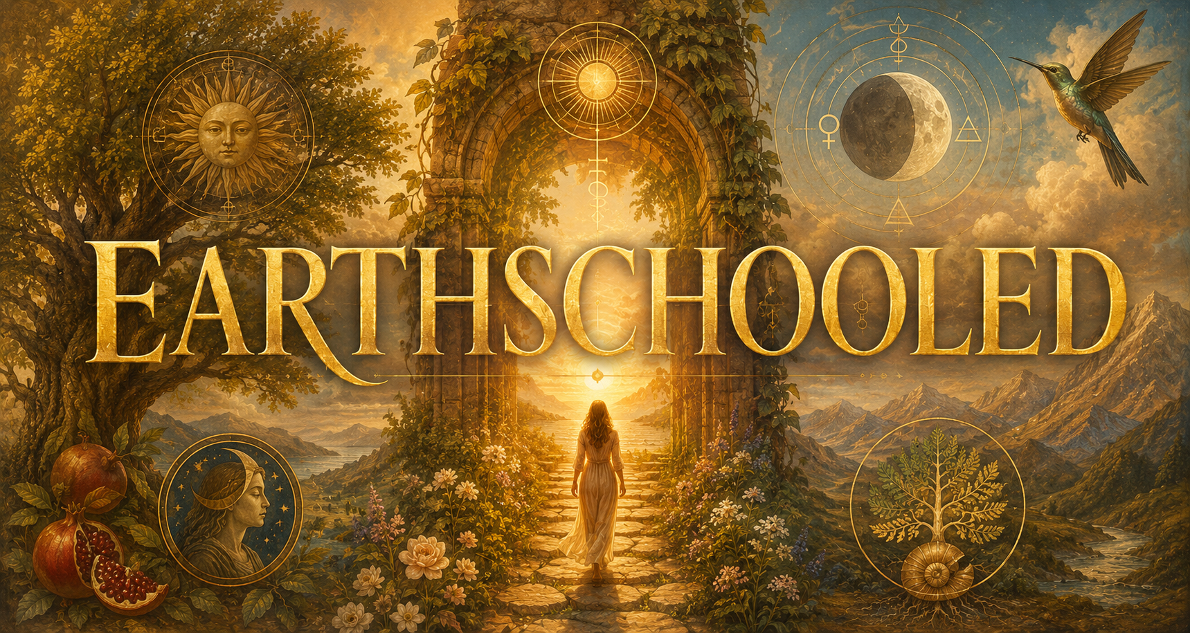 Earthschooled: a woman walking through a golden archway surrounded by mystical symbols